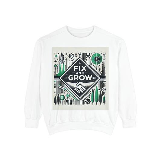 Unisex Garment-Dyed Sweatshirt 'Fix and Grow' Rockets & Trees Design